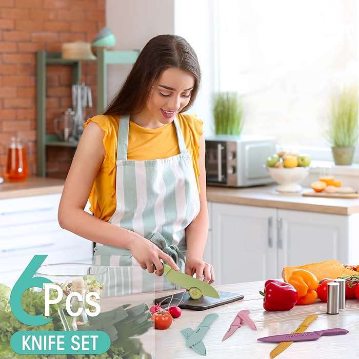 HAUSHOF Kitchen Knife Set, 12-Piece Colorful Knives Set with 6 Sheaths for Kitchen, Non-Stick Coated Stainless Steel Blades for Slicing, Dicing&Cutting, Gifts Knife Set for Dad, Mom, Husband and Wife - Image 8