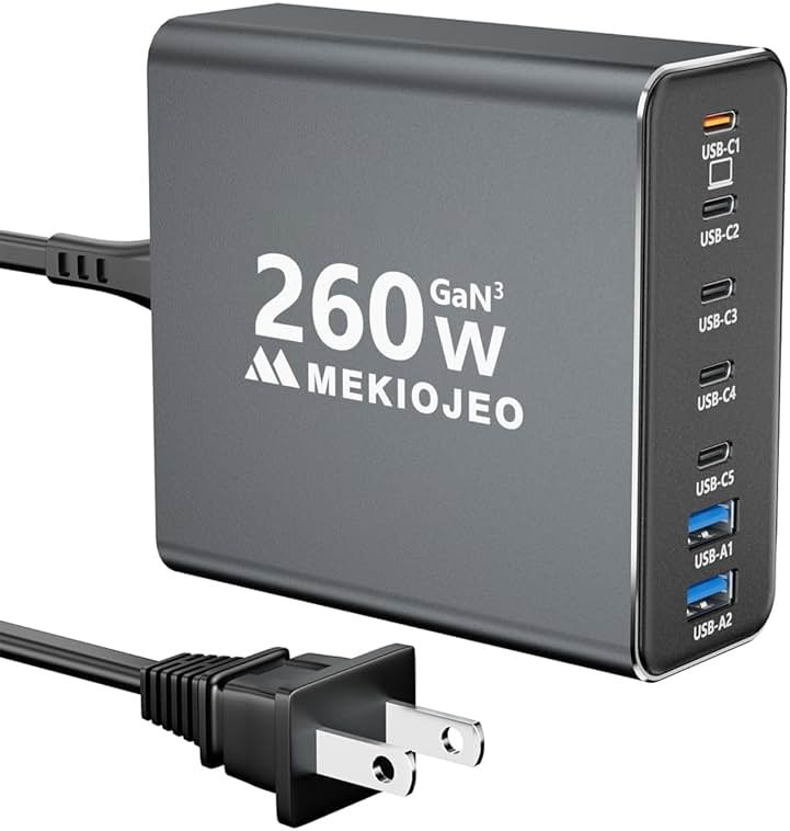 Aluminum Alloy 260W USB C Charger GaN Fast USB C Charging Station 7 Ports 65W Laptop Charger for MacBook Pro/Air/iPad Pro/iPhone (Gray) - Product Image