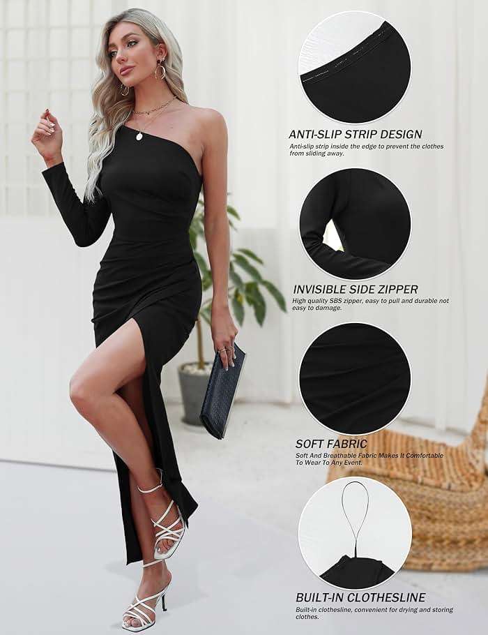 Sarin Mathews Womens One Shoulder Long Sleeve Cocktail Dresses Sexy Bodycon Ruched Wrap Split Party Formal Long Dress - Image 4