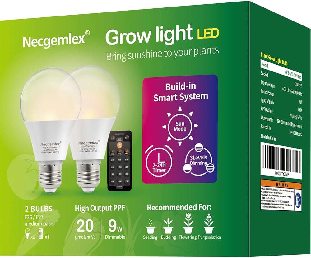 Necgemlex Smart LED Grow Light Bulbs with Remote Controller, Sun Mode, Built-in Daily Auto Timer, 4500K, A21/A70 E26/E27 9W Dimmable Full Spectrum Grow Bulbs for Indoor Plants, 2 Pack - Image 1