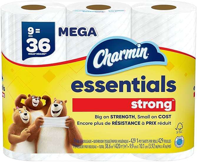 Charmin Essentials Strong Toilet Paper, 9 Mega Rolls = 36 Regular Rolls - Image 1