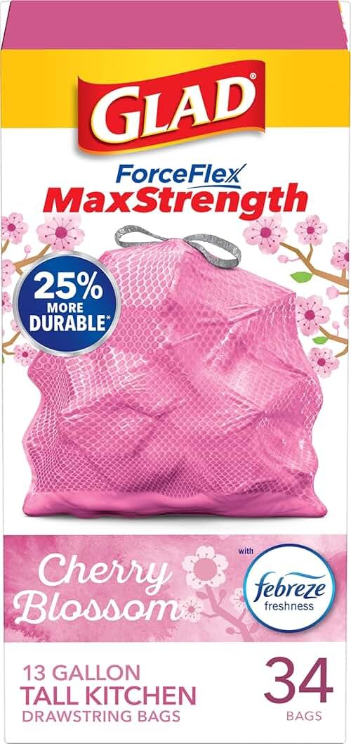 Glad Tall Kitchen Trash Bags 13 Gallon, MaxStrength Cherry Blossom Garbage Bags, Odorshield with Drawstring, 34 Count - Product Image