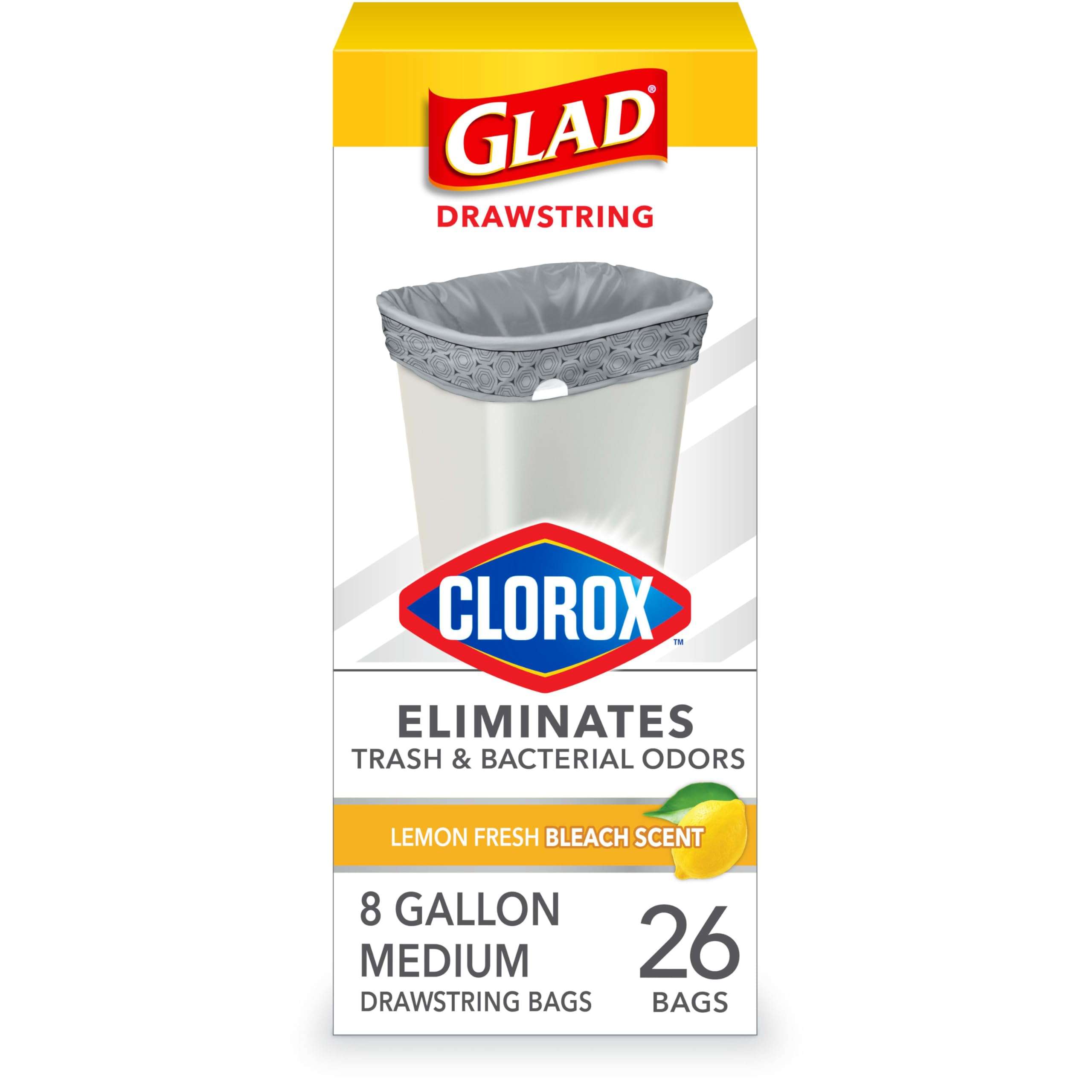 Glad Medium Trash Bags, 8 Gallon, Lemon Fresh Bleach Garbage Bags, Resists Bacterial Odors with Drawstring, 26 Count - Image 1