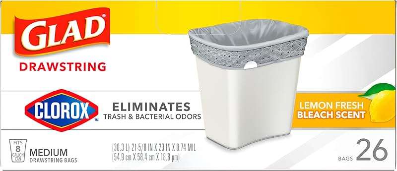 Glad Medium Trash Bags, 8 Gallon, Lemon Fresh Bleach Garbage Bags, Resists Bacterial Odors with Drawstring, 26 Count - Image 8