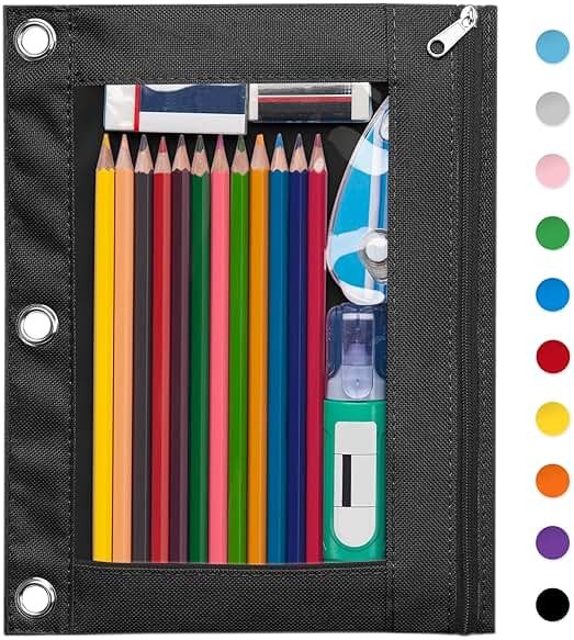Forvencer Pencil Pouch for 3 Ring Binder, Large Pencil Case Pouch with 3 Reinforced Grommets, Pen Bag, Clear Window Pencil Case, Binder Accessories, Black - Product Image