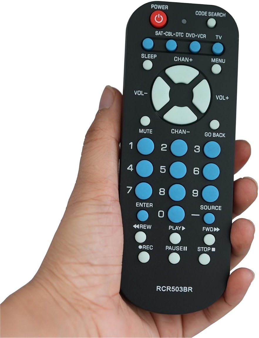 3-Device Universal Remote Control RCR503BR sub RCR503BE RCR503BZ Compatible for Most Major Remote Brands TV DVD or VCR Satellite Receiver Cable Box Digital TV Converter Palm-Sized - Product Image