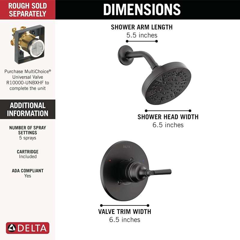 Delta Saylor 14 Series 5-Setting Shower Faucet Set, Matte Black Shower Head and Handle Set, Valve Trim Kit, Matte Black T14235-BL (Valve Not Included) - Image 3