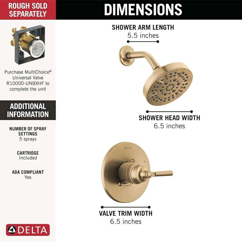Delta Saylor 14 Series 5-Setting Shower Faucet Set, Brushed Gold Shower Head and Handle Set, Valve Trim Kit, Champagne Bronze T14235-CZ (Valve Not Included) - Image 3