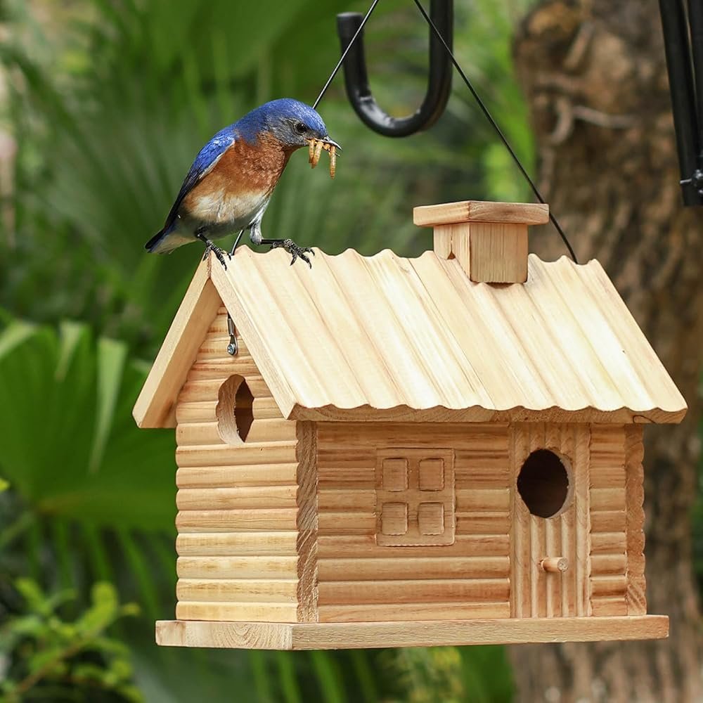 STARSWR Bird House Outside,Outdoor Bird Houses, Natural Wooden Bird Hut Clearance 2 Hole Bluebird Finch Cardinals 2 Rooms Hanging Birdhouse for Garden Viewing - Product Image