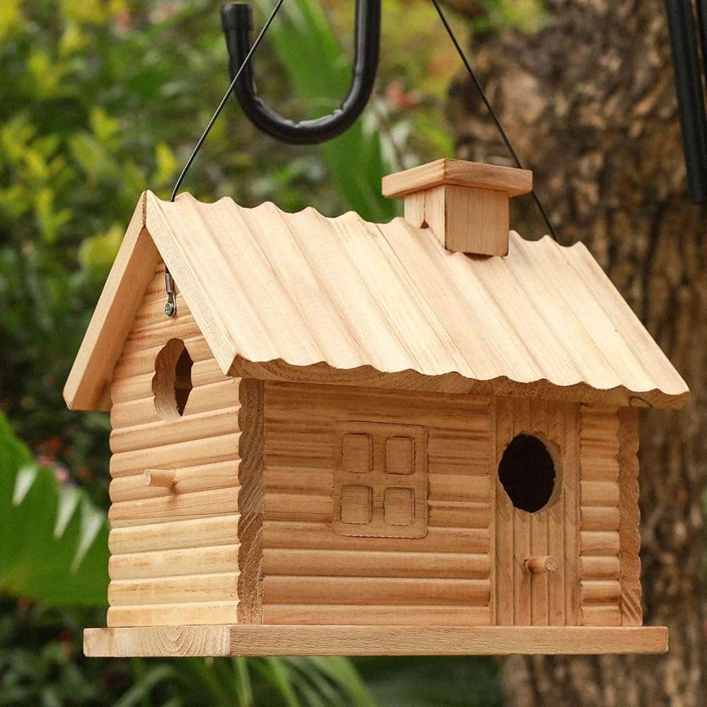 STARSWR Bird House Outside,Outdoor Bird Houses, Natural Wooden Bird Hut Clearance 2 Hole Bluebird Finch Cardinals 2 Rooms Hanging Birdhouse for Garden Viewing - Image 2