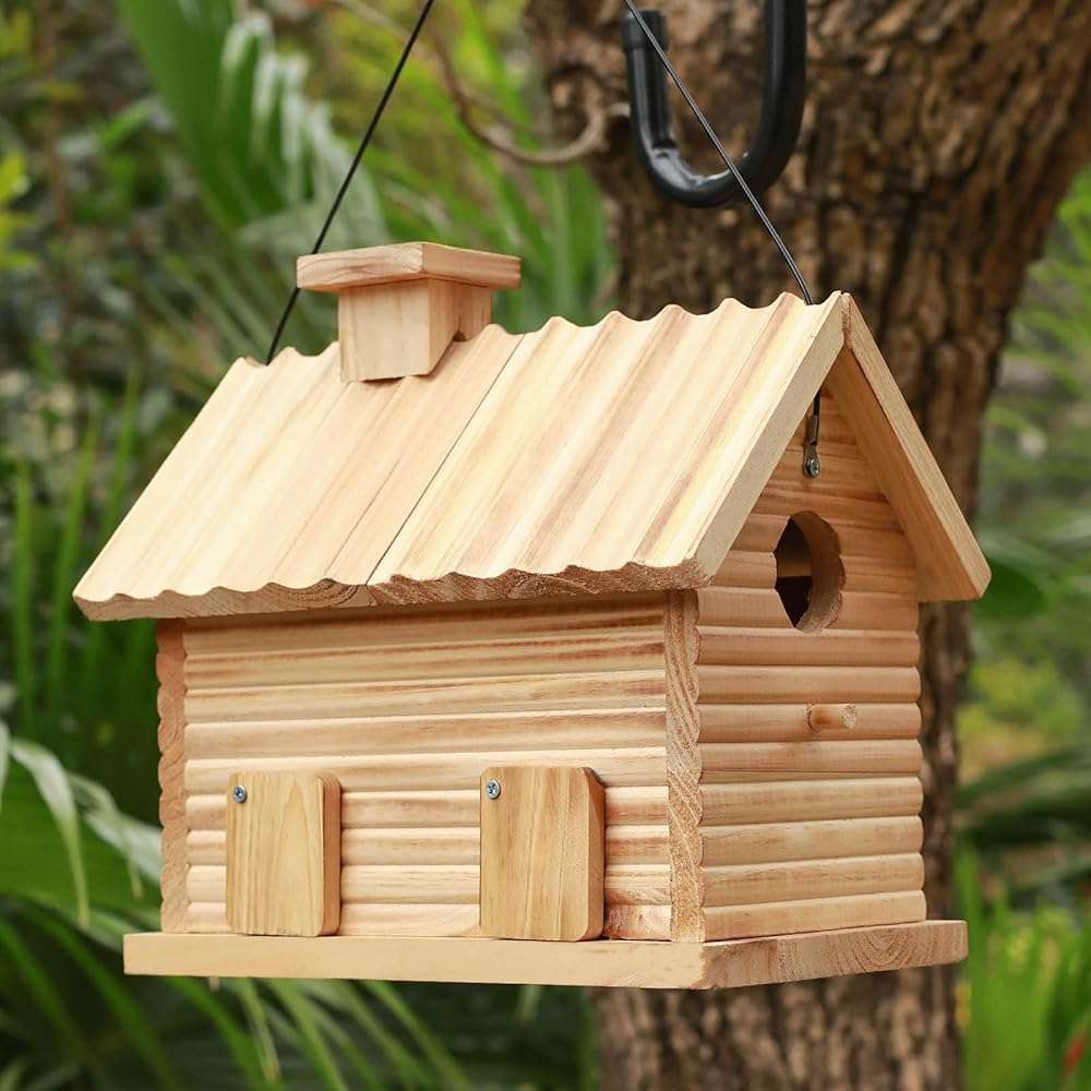 STARSWR Bird House Outside,Outdoor Bird Houses, Natural Wooden Bird Hut Clearance 2 Hole Bluebird Finch Cardinals 2 Rooms Hanging Birdhouse for Garden Viewing - Image 5