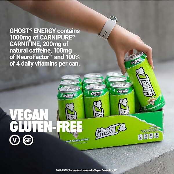 GHOST Energy Drink - 12-Pack, Warheads Sour Green Apple, 16oz - Energy & Focus & No Artificial Colors - 200mg of Natural Caffeine, L-Carnitine & Taurine - Gluten-Free & Vegan - Image 5