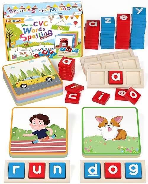 Gojmzo Wooden CVC Word Spelling Games, Preschool Kindergarten Learning Activities, Montessori Educational Toys Gifts for 3 4 5 6 Year Old Kids, Sight Words Flash Cards Reading Letters for Toddlers - Product Image