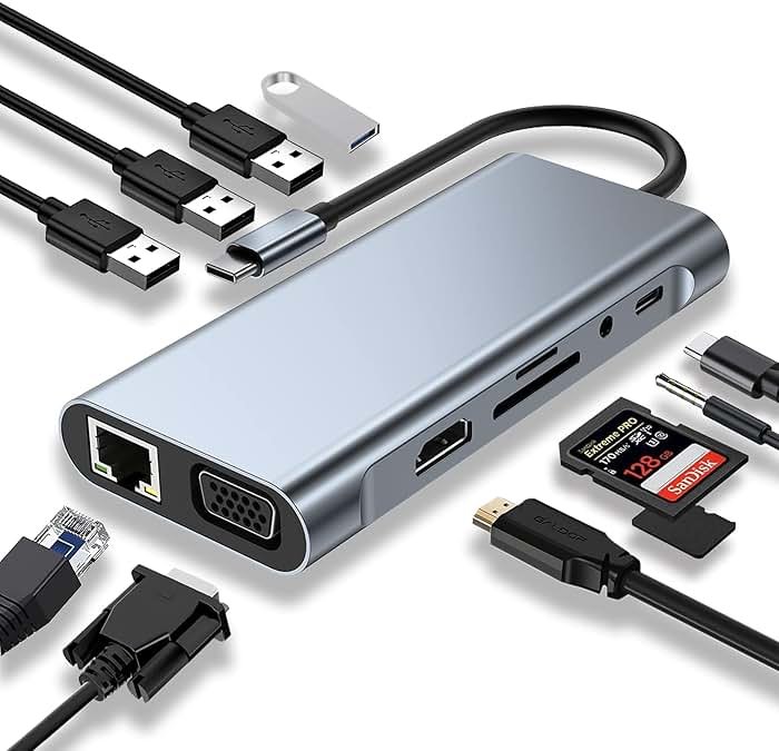 USB C HUB, USB C Adapter 11 in 1 Dongle with 4K HDMI, VGA, Type C PD, USB3.0, RJ45 Ethernet, SD/TF Card Reader, 3.5mm AUX, Docking Station Compatible with MacBook Pro/Air, Other Type C Laptops - Product Image
