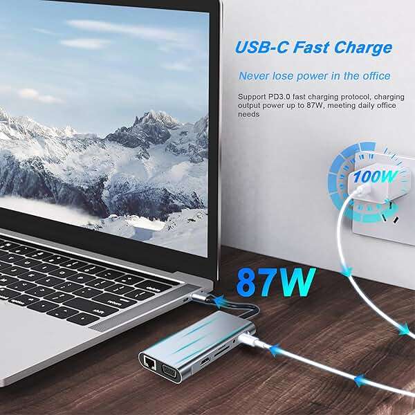 USB C HUB, USB C Adapter 11 in 1 Dongle with 4K HDMI, VGA, Type C PD, USB3.0, RJ45 Ethernet, SD/TF Card Reader, 3.5mm AUX, Docking Station Compatible with MacBook Pro/Air, Other Type C Laptops - Image 3
