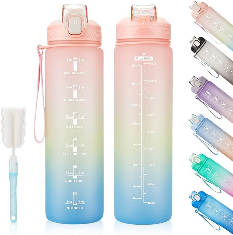 YC Kitchen Motivational Water Bottle with Time Marker- 32oz Water Bottles with Times to Drink, Leakproof & BPA Free Sports Water Bottle with Straw & Carry Strap for Fitness, Gym, and Outdoor Sports - Product Image