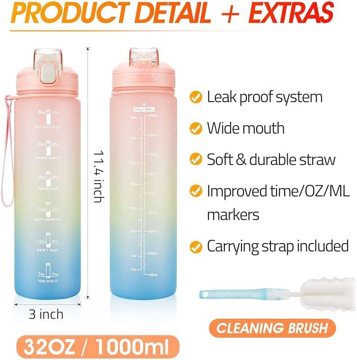 YC Kitchen Motivational Water Bottle with Time Marker- 32oz Water Bottles with Times to Drink, Leakproof & BPA Free Sports Water Bottle with Straw & Carry Strap for Fitness, Gym, and Outdoor Sports - Image 2