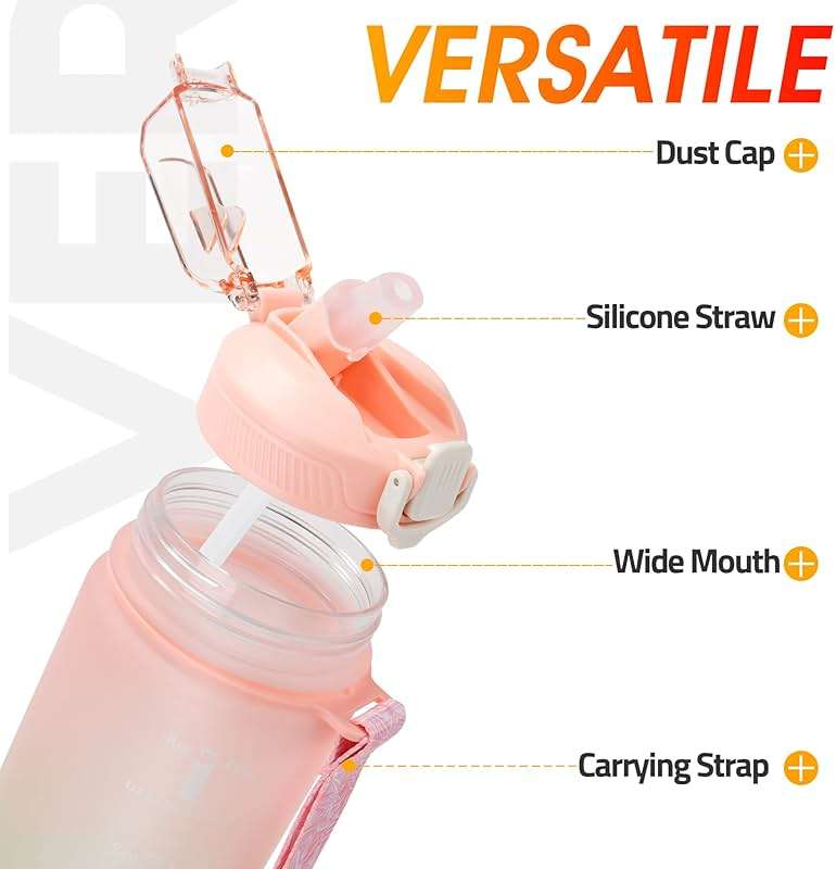 YC Kitchen Motivational Water Bottle with Time Marker- 32oz Water Bottles with Times to Drink, Leakproof & BPA Free Sports Water Bottle with Straw & Carry Strap for Fitness, Gym, and Outdoor Sports - Image 3