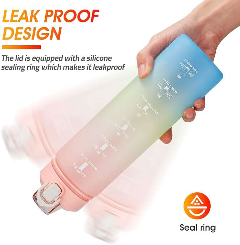 YC Kitchen Motivational Water Bottle with Time Marker- 32oz Water Bottles with Times to Drink, Leakproof & BPA Free Sports Water Bottle with Straw & Carry Strap for Fitness, Gym, and Outdoor Sports - Image 5