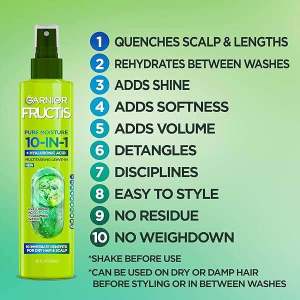 Garnier Fructis Pure Moisture 10-in-1 Spray for Dry Hair and Scalp, Hyaluronic Acid, 8.1 Fl Oz, 1 Count (Packaging May Vary) - Image 3
