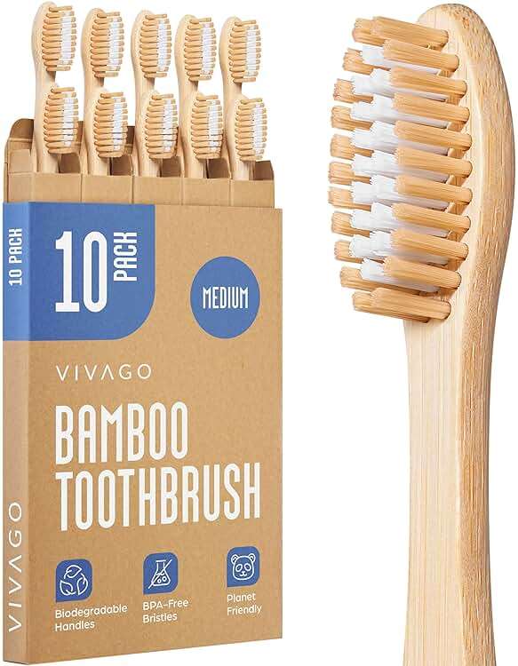 VIVAGO Bamboo Toothbrushes Medium Bristles 10 Pack - BPA Free Medium Bristles Toothbrushes for Adults - Eco-Friendly, Natural Wooden Toothbrush - Image 1