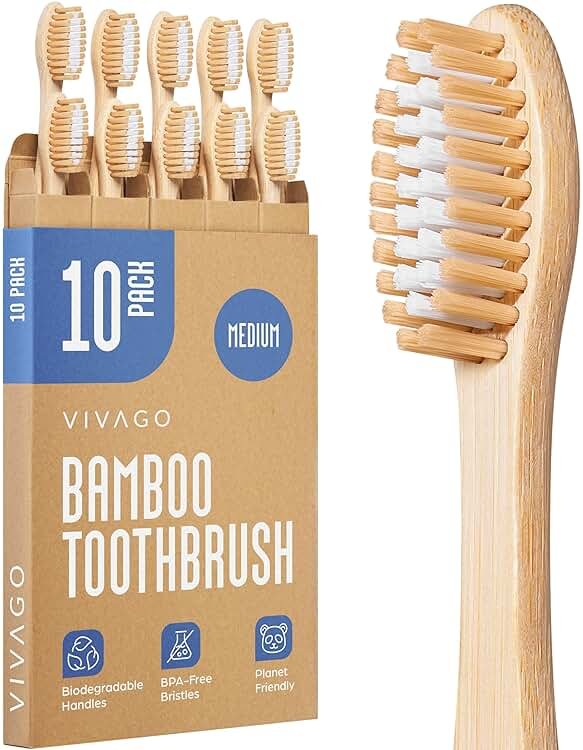 VIVAGO Bamboo Toothbrushes Medium Bristles 10 Pack - BPA Free Medium Bristles Toothbrushes for Adults - Eco-Friendly, Natural Wooden Toothbrush - Product Image