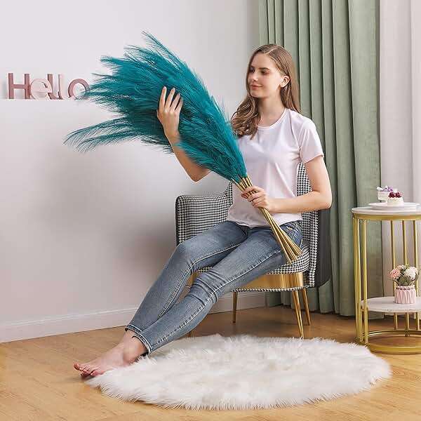7 Pcs 45" Faux Pampas Grass – Fluffy Artificial Pompous Grass for Tall Floor Vase, Non-Shedding Home Decor, Boho Wedding Flowers, Baby Shower Centerpieces, Bedroom & Living Room Decor (Blue) - Image 2
