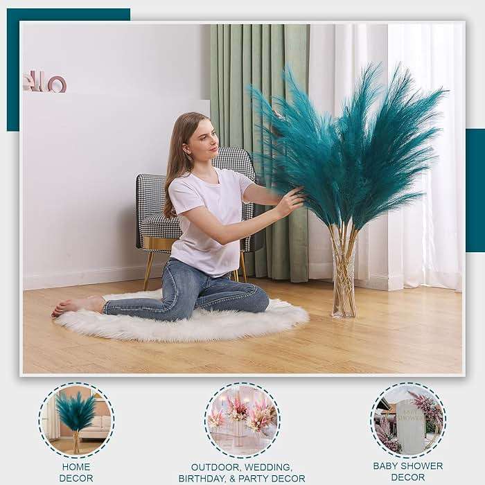 7 Pcs 45" Faux Pampas Grass – Fluffy Artificial Pompous Grass for Tall Floor Vase, Non-Shedding Home Decor, Boho Wedding Flowers, Baby Shower Centerpieces, Bedroom & Living Room Decor (Blue) - Image 3