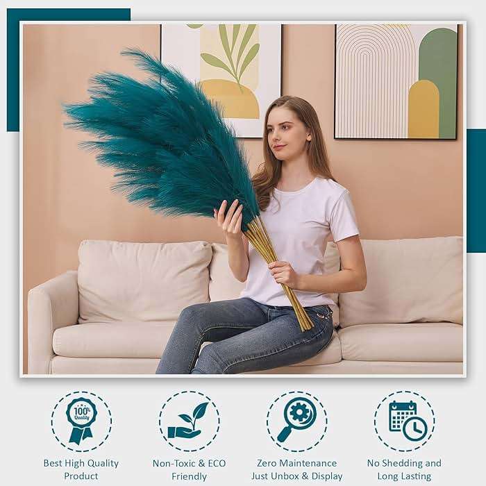 7 Pcs 45" Faux Pampas Grass – Fluffy Artificial Pompous Grass for Tall Floor Vase, Non-Shedding Home Decor, Boho Wedding Flowers, Baby Shower Centerpieces, Bedroom & Living Room Decor (Blue) - Image 4
