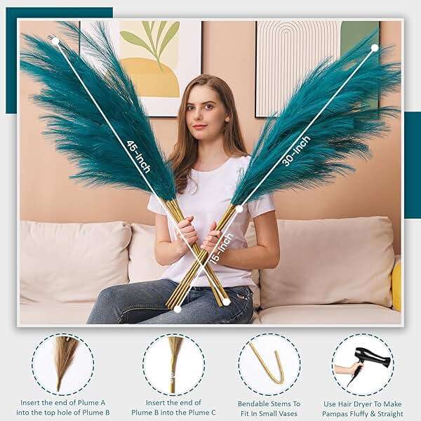 7 Pcs 45" Faux Pampas Grass – Fluffy Artificial Pompous Grass for Tall Floor Vase, Non-Shedding Home Decor, Boho Wedding Flowers, Baby Shower Centerpieces, Bedroom & Living Room Decor (Blue) - Image 6