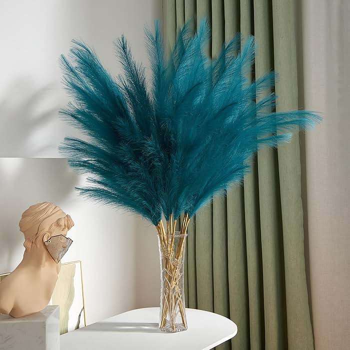 7 Pcs 45" Faux Pampas Grass – Fluffy Artificial Pompous Grass for Tall Floor Vase, Non-Shedding Home Decor, Boho Wedding Flowers, Baby Shower Centerpieces, Bedroom & Living Room Decor (Blue) - Image 7