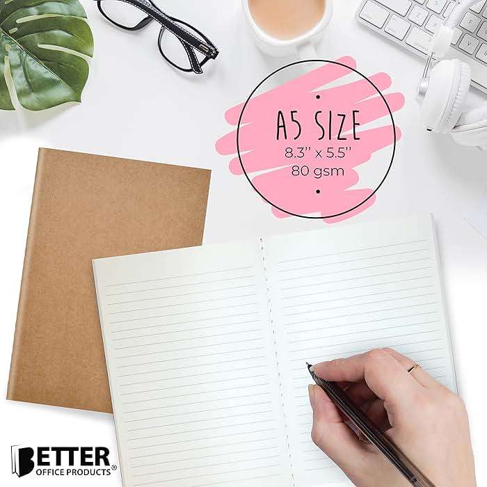 Better Office Products Kraft Notebooks with Lined Paper, 24 Pack, 8.3 in x 5.5 in, A5 Size, 60 Lined Ivory Pages, 80 gsm, Soft Cover Composition Notebooks, Stitched Spines, Kraft Travel Journals - Image 5