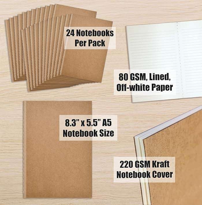 Better Office Products Kraft Notebooks with Lined Paper, 24 Pack, 8.3 in x 5.5 in, A5 Size, 60 Lined Ivory Pages, 80 gsm, Soft Cover Composition Notebooks, Stitched Spines, Kraft Travel Journals - Image 6