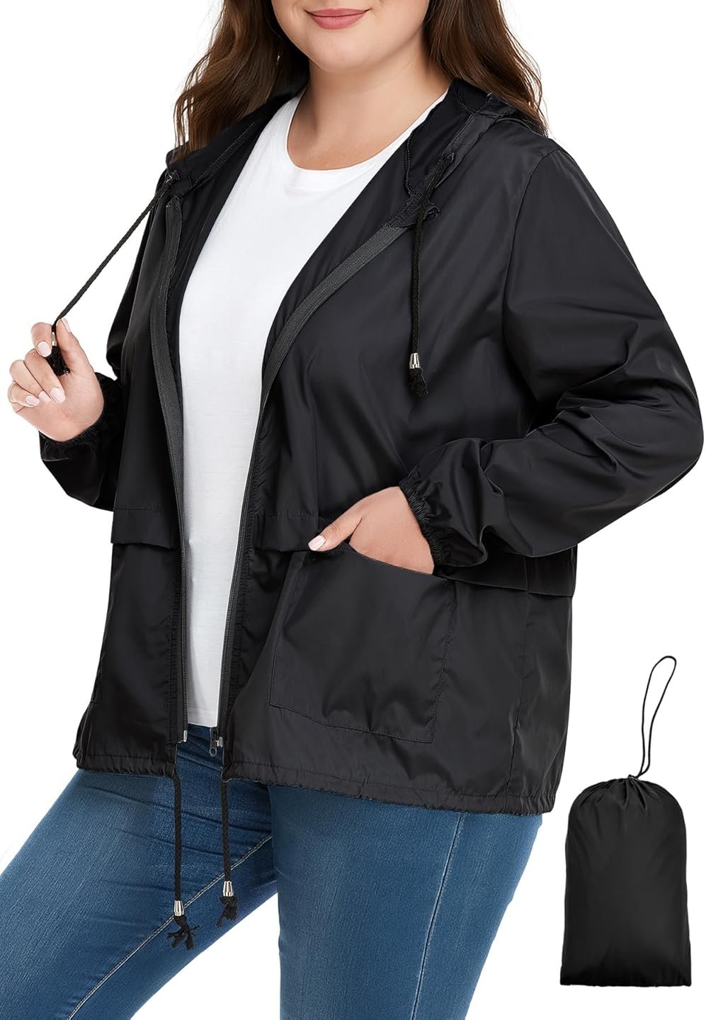 Zando Plus Size Rain Jacket Womens Waterproof - Lightweight Packable Raincoat Hooded Windbreaker Travel Rain Coat for Women - Product Image