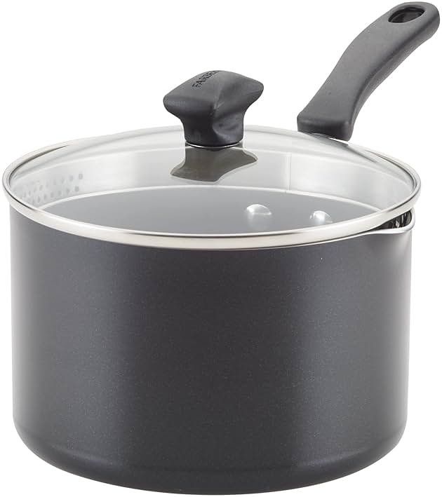 Farberware Cookstart Aluminum DiamondMax Straining Nonstick Saucepan, 3-Quart, Black - Product Image
