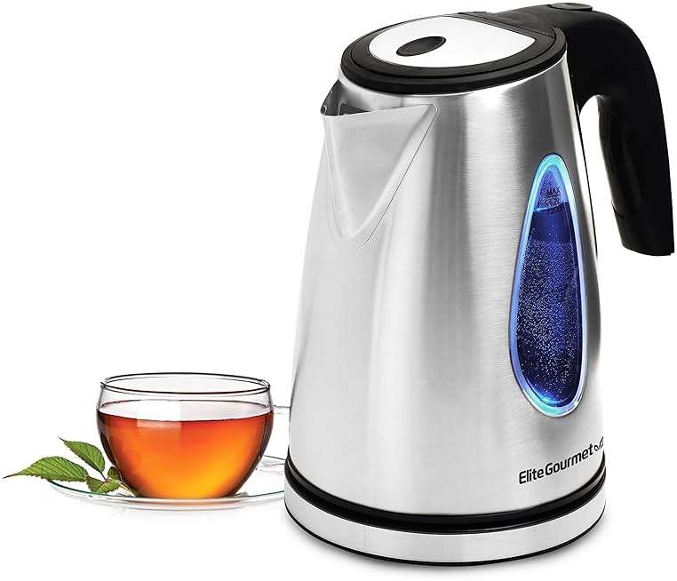 Elite Gourmet EKT-1271# Ultimate 1.7 Liter Electric Kettle – Stainless Steel Design & Cordless 360° Base, Stylish Blue LED Interior, Handy Auto Shut-Off Function – Quickly Boil Water For Tea & More - Image 1