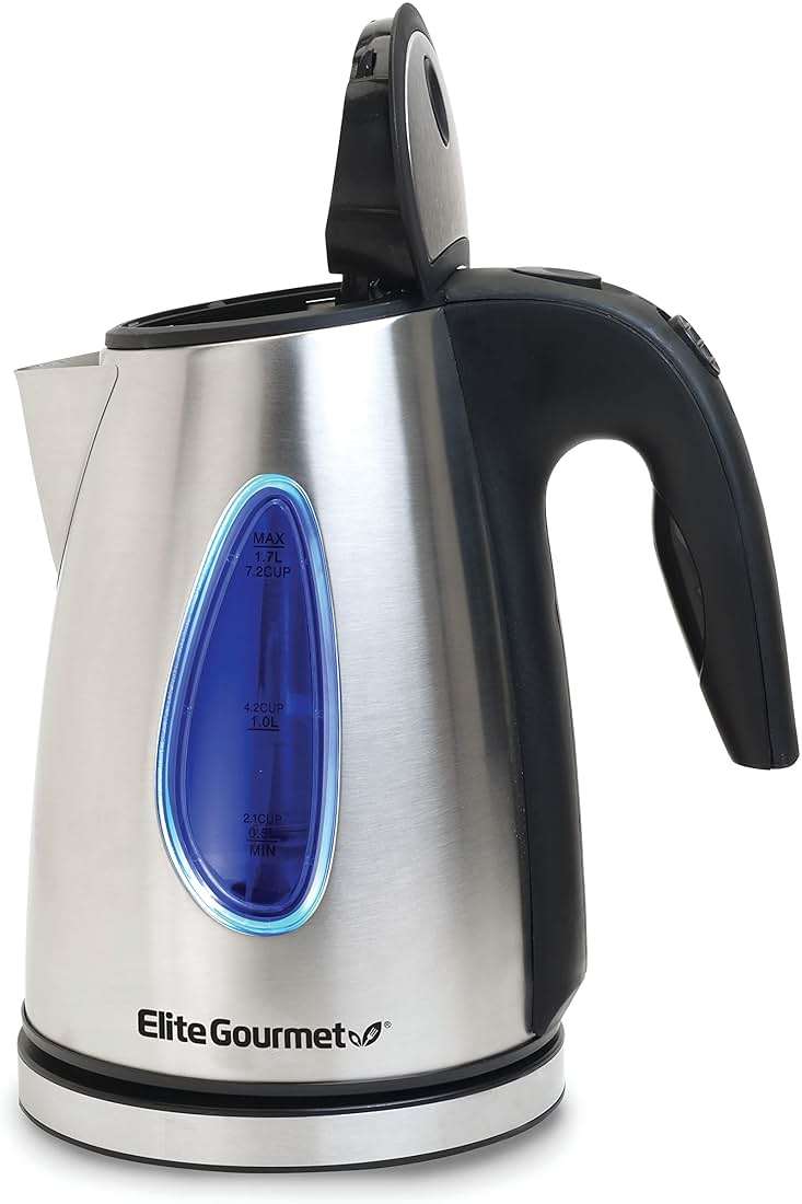 Elite Gourmet EKT-1271# Ultimate 1.7 Liter Electric Kettle – Stainless Steel Design & Cordless 360° Base, Stylish Blue LED Interior, Handy Auto Shut-Off Function – Quickly Boil Water For Tea & More - Image 4