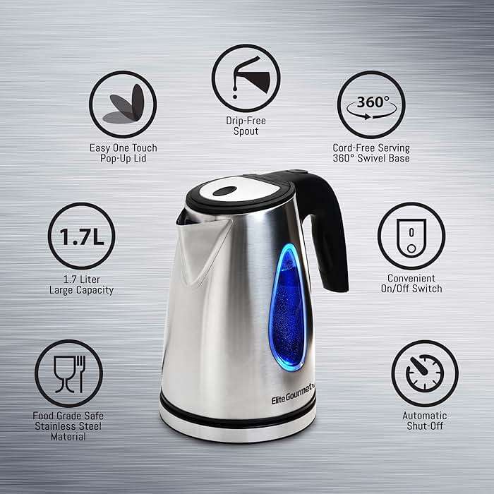 Elite Gourmet EKT-1271# Ultimate 1.7 Liter Electric Kettle – Stainless Steel Design & Cordless 360° Base, Stylish Blue LED Interior, Handy Auto Shut-Off Function – Quickly Boil Water For Tea & More - Image 7