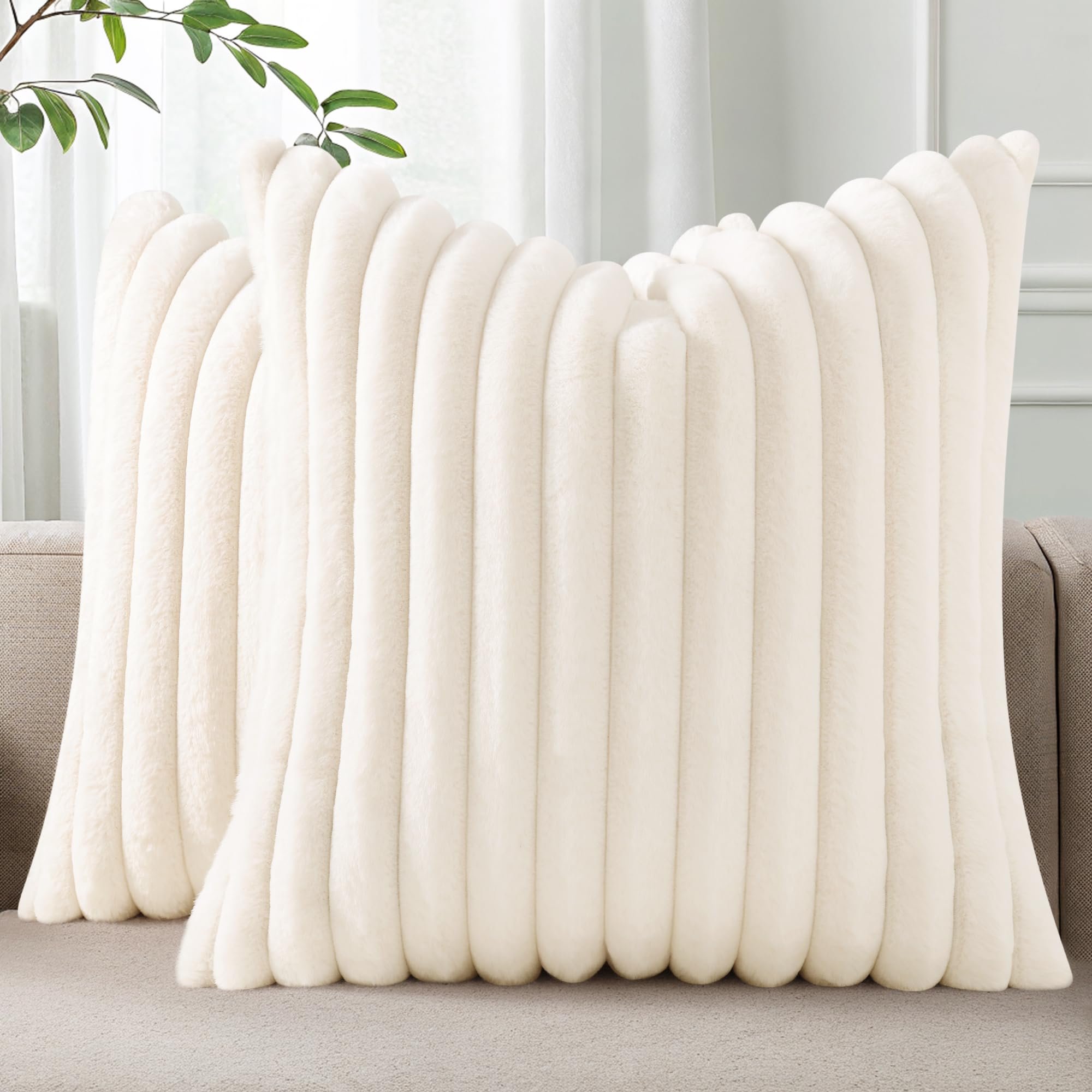 Pallene Faux Fur Plush Fall Throw Pillow Covers 18x18 Set of 2, Luxury Soft Fluffy Striped Decorative Pillow Covers for Sofa, Couch, Living Room, Cream White - Product Image