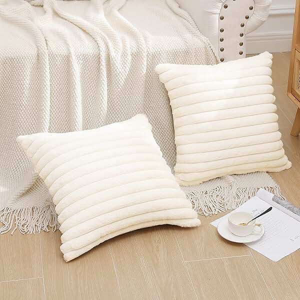 Pallene Faux Fur Plush Fall Throw Pillow Covers 18x18 Set of 2, Luxury Soft Fluffy Striped Decorative Pillow Covers for Sofa, Couch, Living Room, Cream White - Image 6