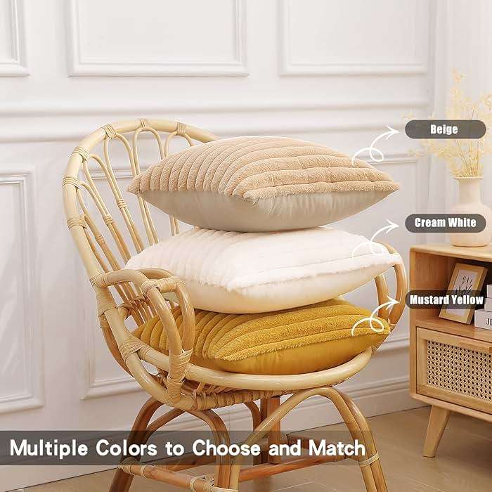 Pallene Faux Fur Plush Fall Throw Pillow Covers 18x18 Set of 2, Luxury Soft Fluffy Striped Decorative Pillow Covers for Sofa, Couch, Living Room, Cream White - Image 8