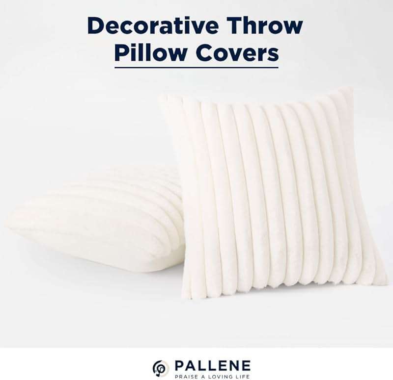 Pallene Faux Fur Plush Fall Throw Pillow Covers 18x18 Set of 2, Luxury Soft Fluffy Striped Decorative Pillow Covers for Sofa, Couch, Living Room, Cream White - Image 9