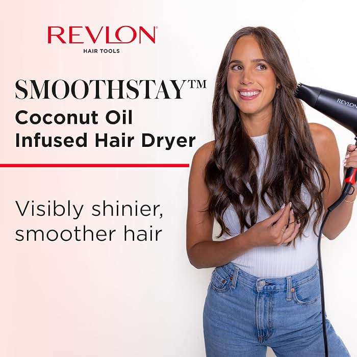 REVLON SmoothStay Hair Dryer with Diffuser, Ionic Ceramic Blow Dryer, Coconut Oil Infused for Frizz Control, Shine and Volume, 1875W Lightweight Dryer with Concentrator for Smooth or Curly Styles - Image 2
