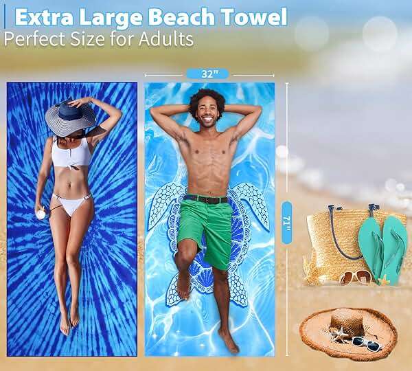 2 Pack Lightweight Thin Beach Towel Oversized 71"x32" Big Extra Large Microfiber Sand Free Towels for Adult Quick Dry Travel Camping Beach Accessories Vacation Essential Gift Blue Tie Dye Turtle - Image 2