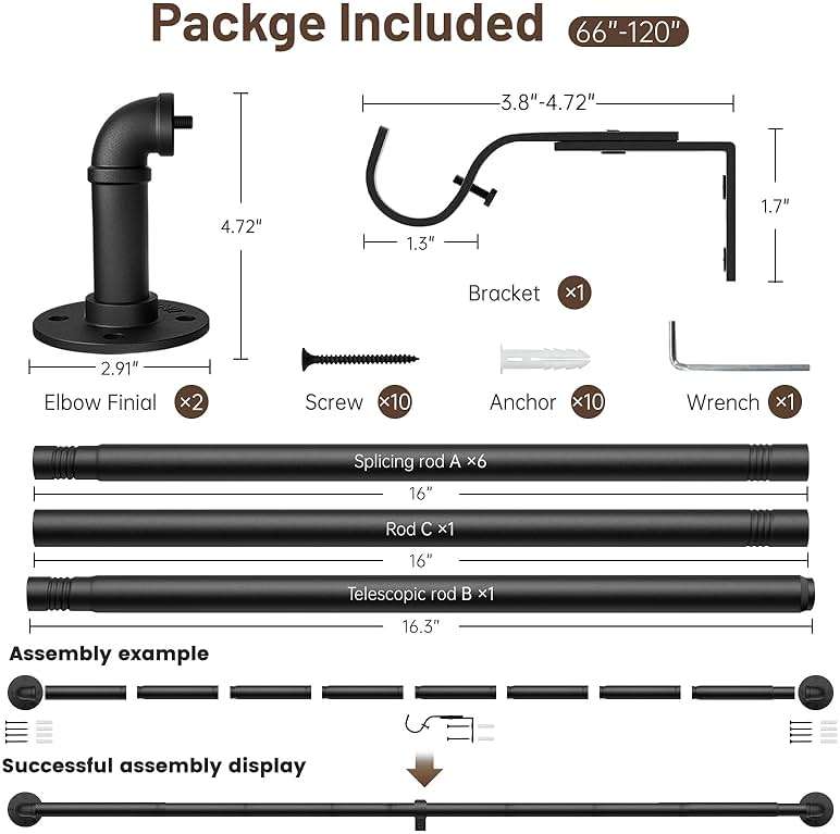 Zeerobee Curtain Rods for Windows 66 to 120, 1 Inch Industrial Wrap Around Black Curtain Rod, Indoor/Outdoor Room Divider Adjustable Drapery Pole, 66"-120" - Image 3