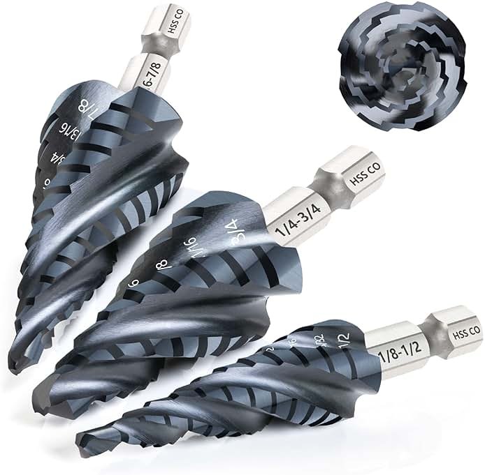 Matework M35 Cobalt Step Drill Bit Set, Four Spiral Flute Unibit Step Drill Bits (1/8"-7/8") Wear-Resistant TiAlN Coated, 1/4" Hex Shank for Metal, Carbon Steel, Stainless Steel, Wood, Plastic (3Pcs) - Product Image