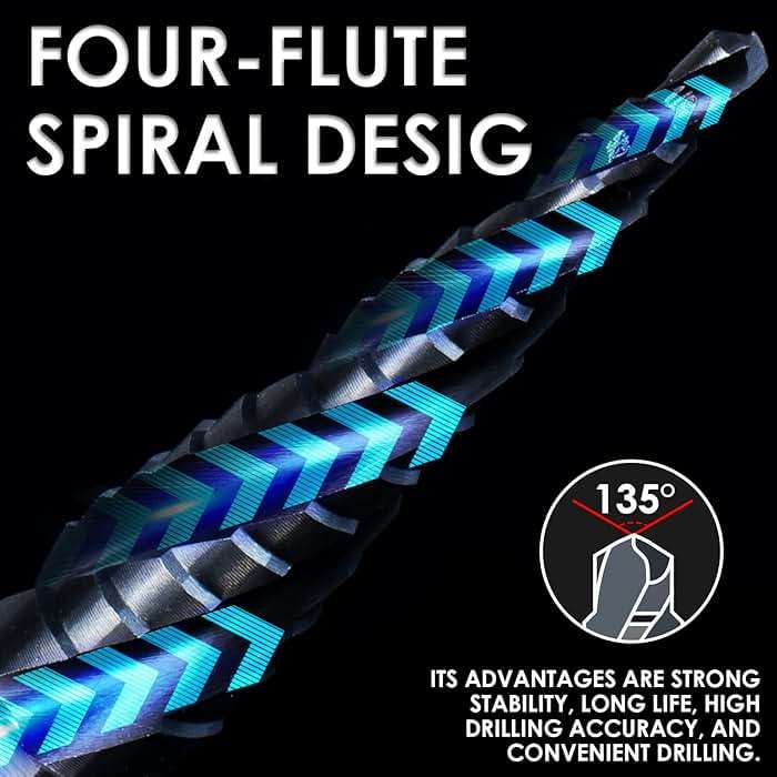 Matework M35 Cobalt Step Drill Bit Set, Four Spiral Flute Unibit Step Drill Bits (1/8"-7/8") Wear-Resistant TiAlN Coated, 1/4" Hex Shank for Metal, Carbon Steel, Stainless Steel, Wood, Plastic (3Pcs) - Image 3
