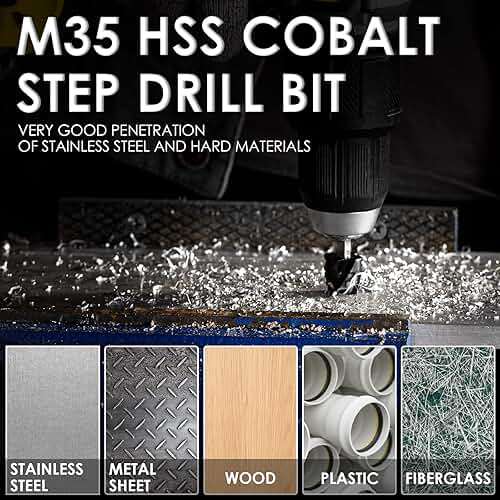 Matework M35 Cobalt Step Drill Bit Set, Four Spiral Flute Unibit Step Drill Bits (1/8"-7/8") Wear-Resistant TiAlN Coated, 1/4" Hex Shank for Metal, Carbon Steel, Stainless Steel, Wood, Plastic (3Pcs) - Image 6