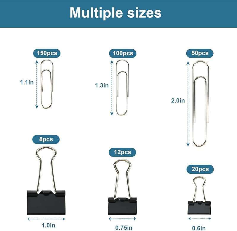 Assorted Size Binder Clips & Jumbo Paper Clips Set - 340pcs Black, Large for Office & School Supplies, in Container with Compartments - Image 3