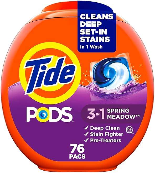 Tide PODS laundry detergent pacs, 3-in-1 Stain Remover, Odor Fighter, Color Protector, 76 Count, HE compatible, Spring Meadow Scent - Image 1